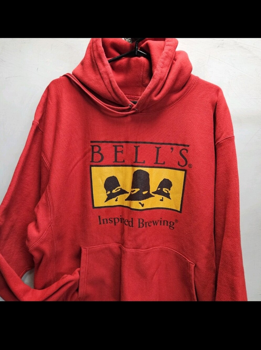 BELL'S Brewery Beer x Champion Red Hoodie Mens Unisex Large Heavyweight Cotton